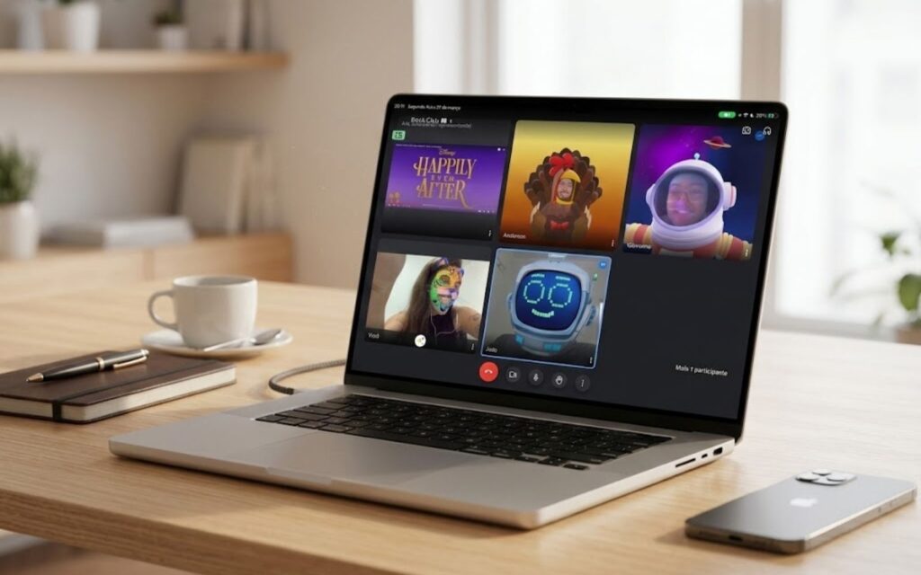 Tela de notebook com grupo de três alunos da AZ Línguas assistindo aula de inglês